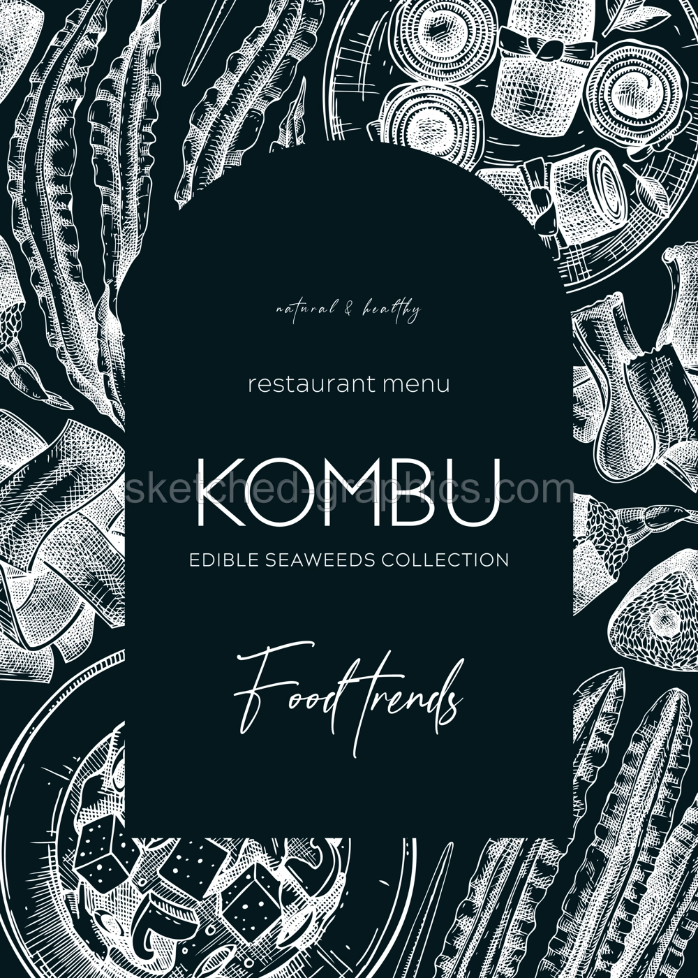 Hand-drawn Kombu arc design. Edible seaweed frame template on chalkboard. Sea vegetable illustrations. Healthy food vector background. For Japanese cuisine, restaurant menu design, packaging. Illustration
